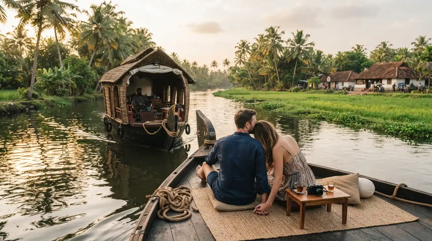 Couple enjoying a Kerala houseboat ride through the peaceful Alleppey backwaters