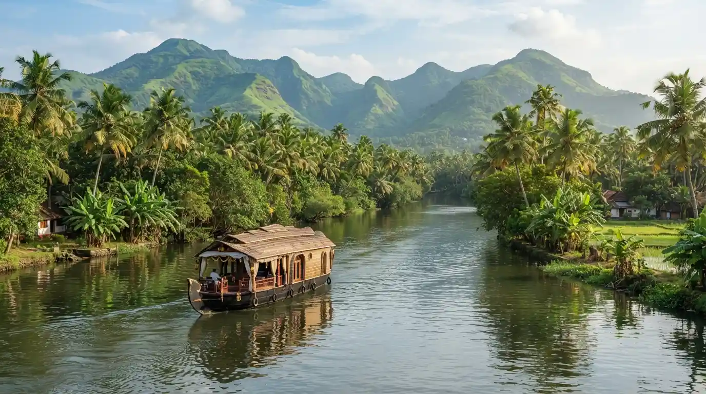 Kerala backwaters with a traditional houseboat surrounded by lush green hills and tropical vegetation