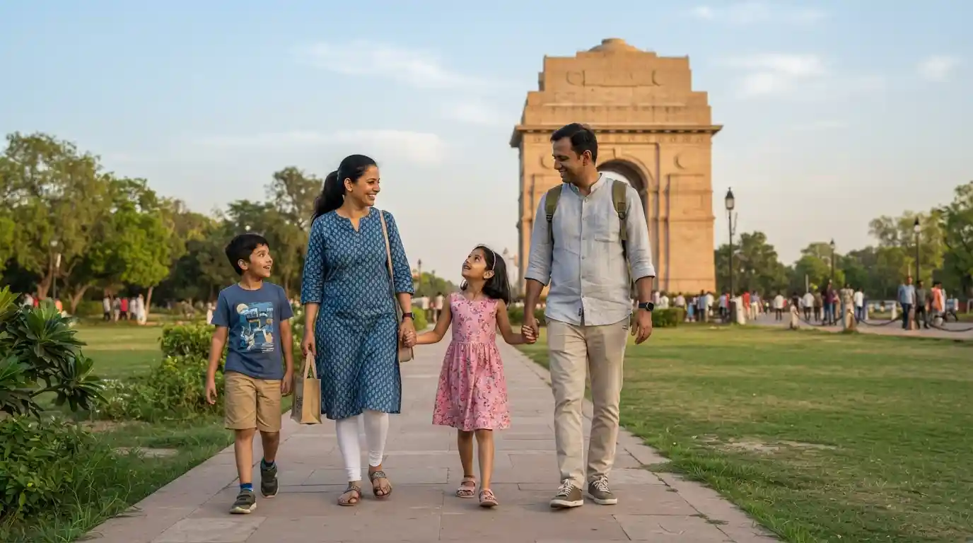 Family enjoying a sightseeing trip near India Gate in Delhi NCR