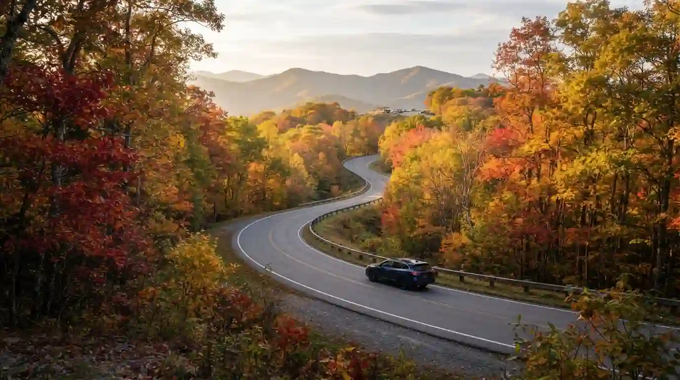 Scenic autumn road winding through colorful forests and mountains in the United States