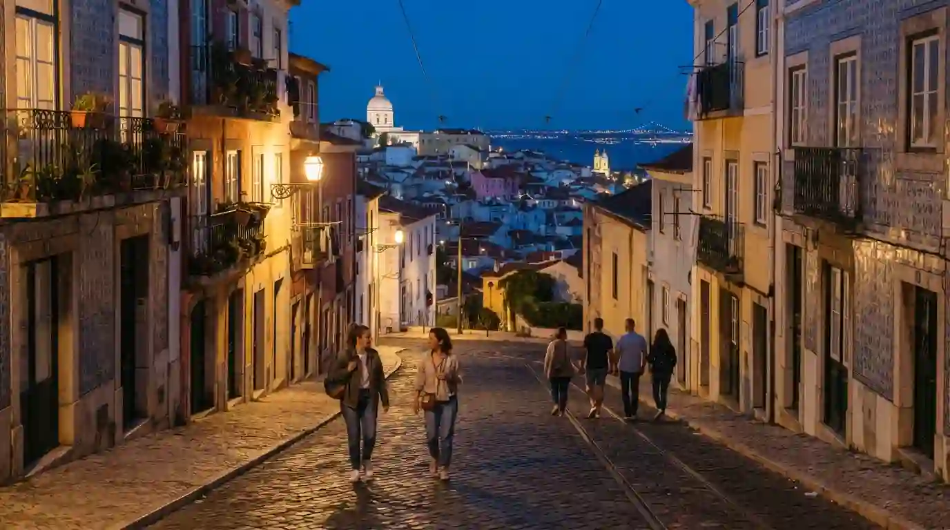 Lisbon historic streets and illuminated buildings during an evening city walk