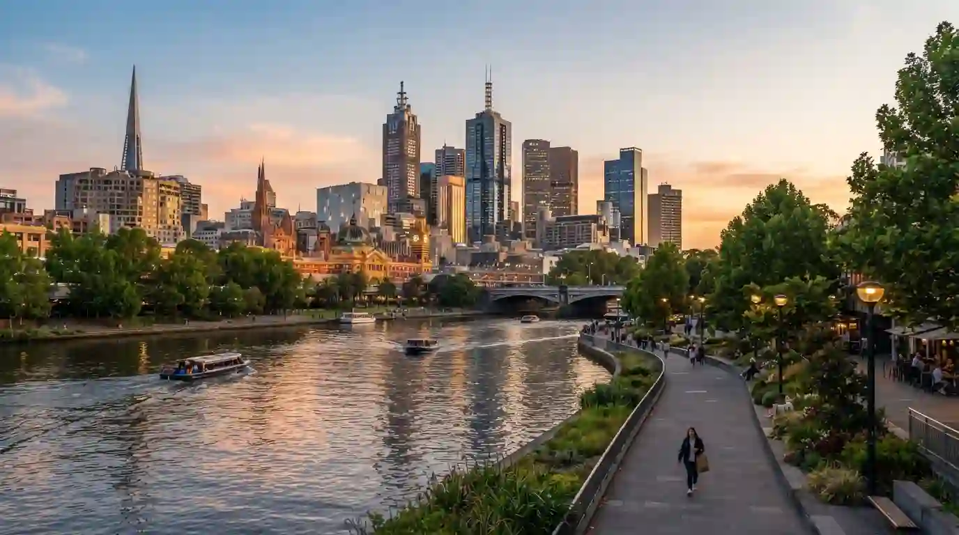Melbourne skyline and Yarra River viewed from a scenic riverside promenade