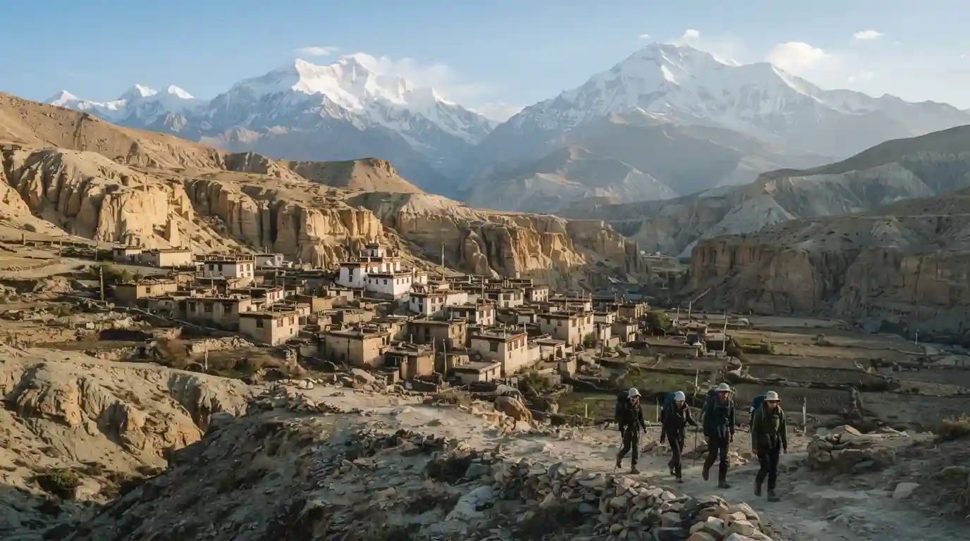 Traditional Mustang village surrounded by rugged Himalayan mountains in Nepal