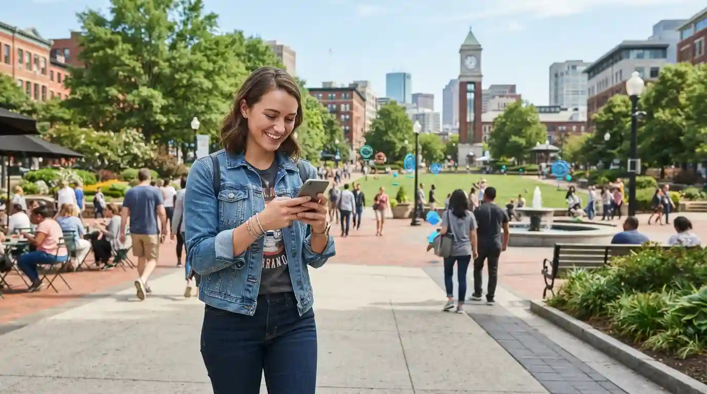 Traveler exploring a walkable city destination while playing a location-based mobile game