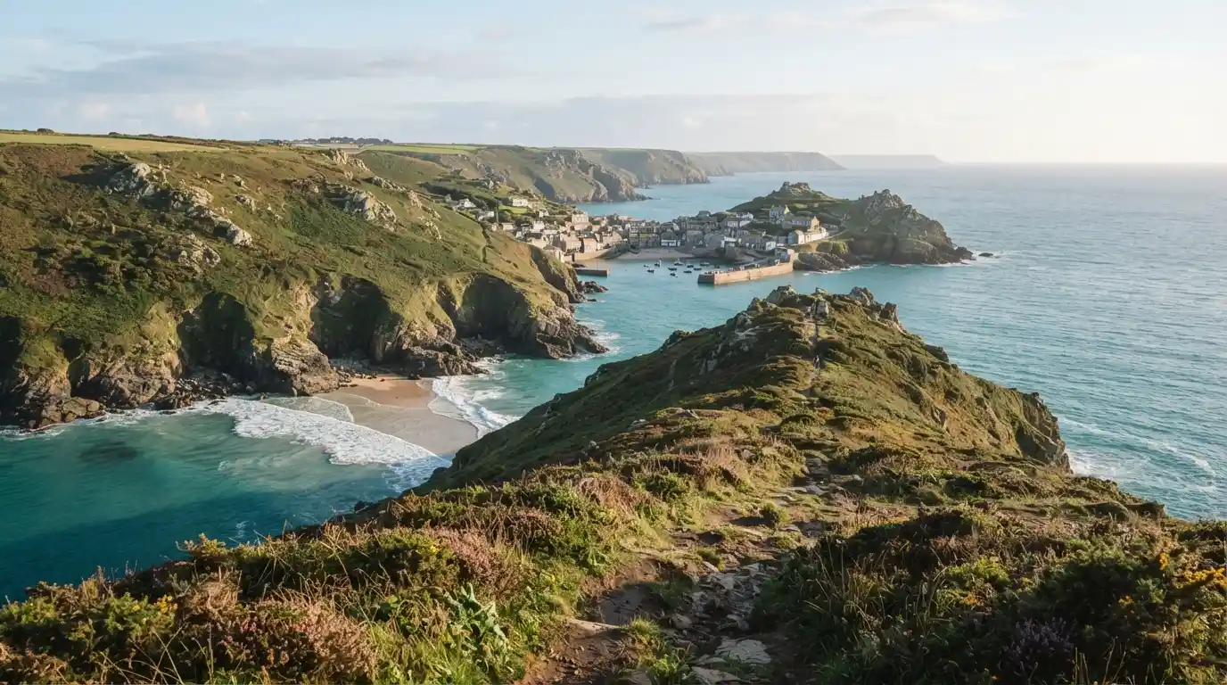 Dramatic South Cornwall coastline with a sandy cove, green cliffs, and a traditional coastal village