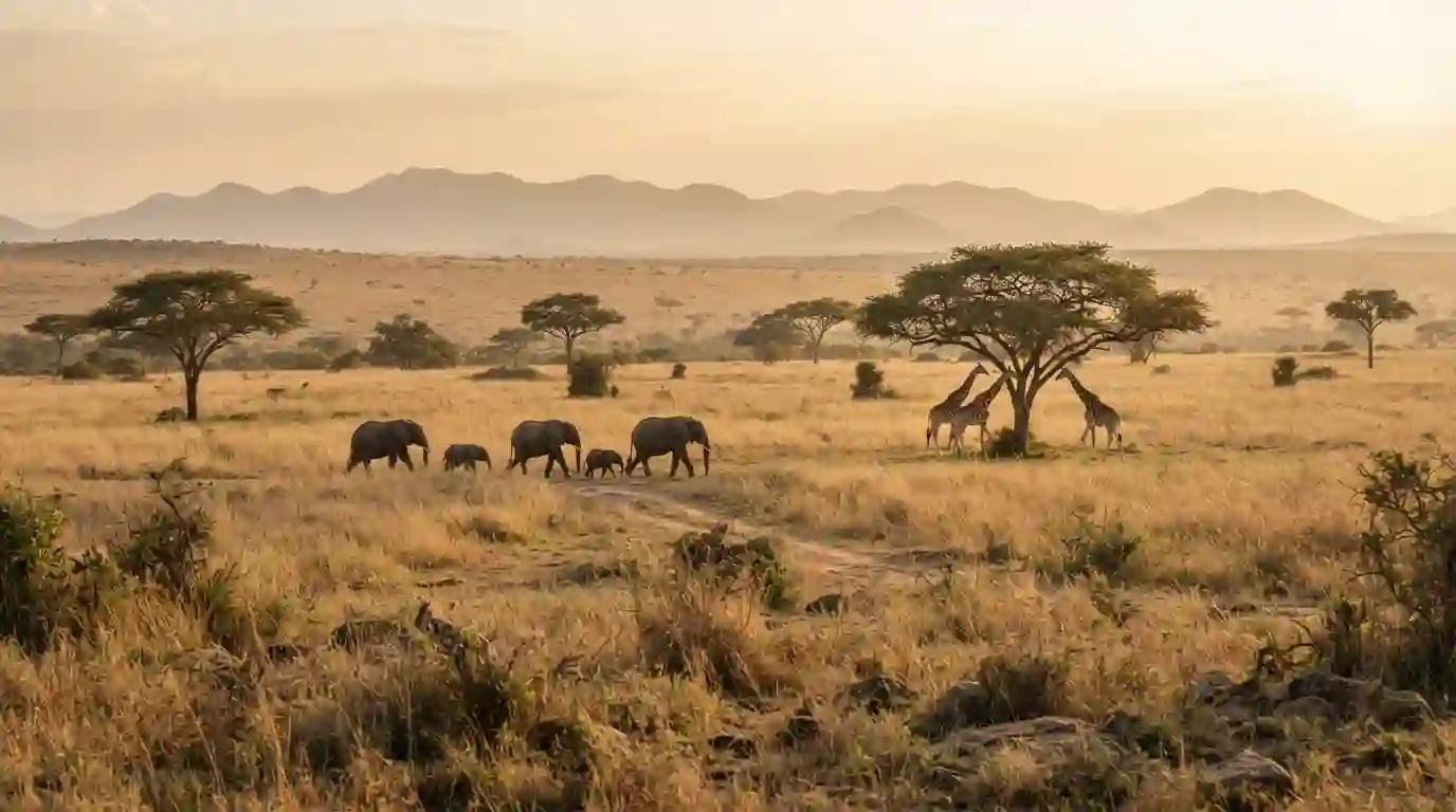Elephants and giraffes across a sunlit African savanna landscape