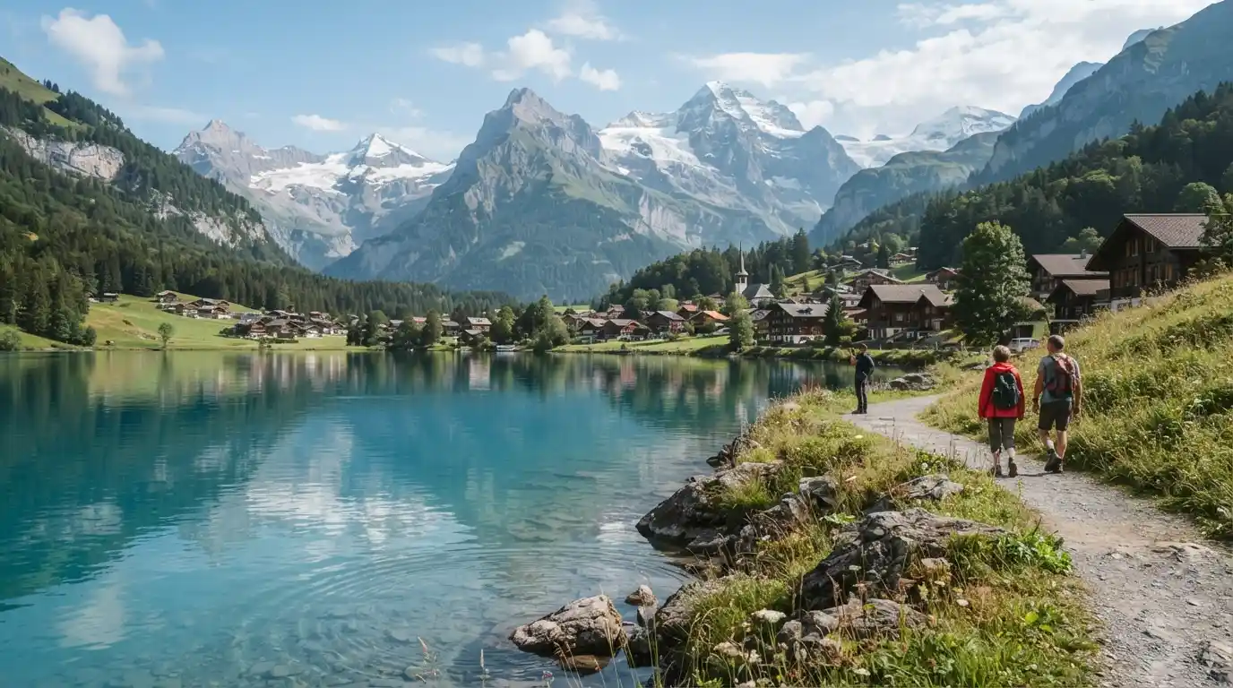 Swiss mountain village beside a clear alpine lake with snow-capped mountains in the background