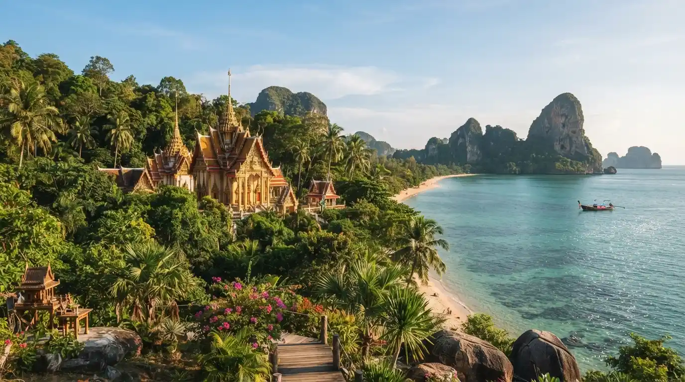 Thai temple and tropical coastline representing popular Thailand travel destinations