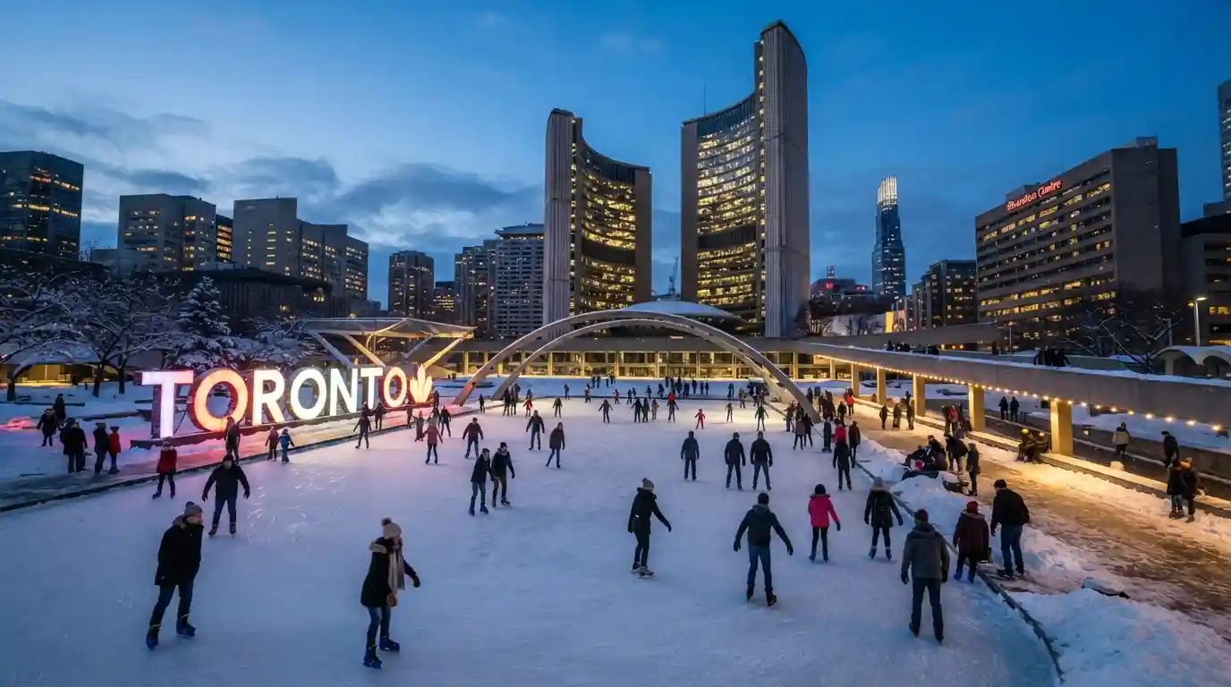 Nathan Phillips Square with Toronto City Hall, winter snow, and people skating outdoors