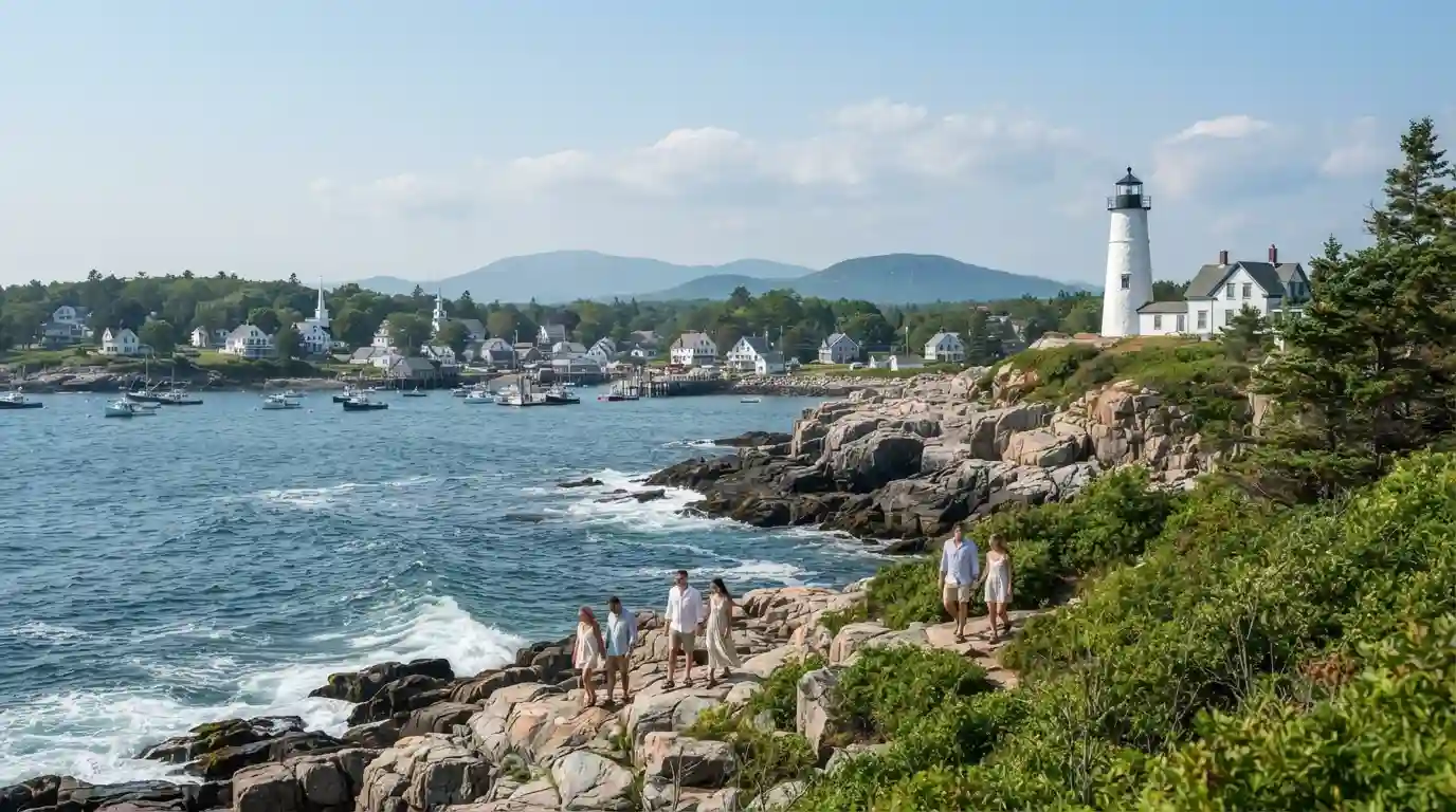 Summer coastal landscape in New England with a lighthouse, rocky shoreline, green trees, and a seaside village