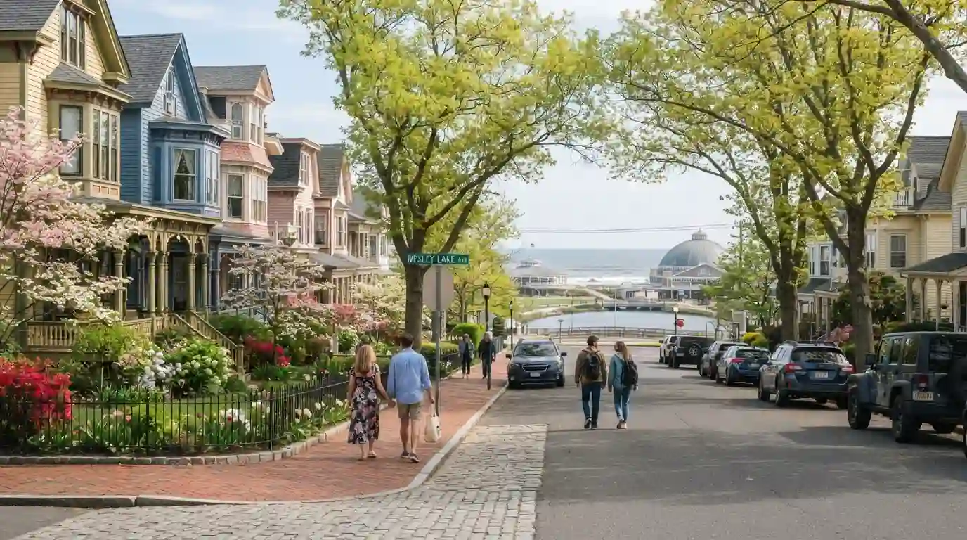 Travelers exploring a scenic New Jersey town surrounded by fresh spring greenery and blooming flowers