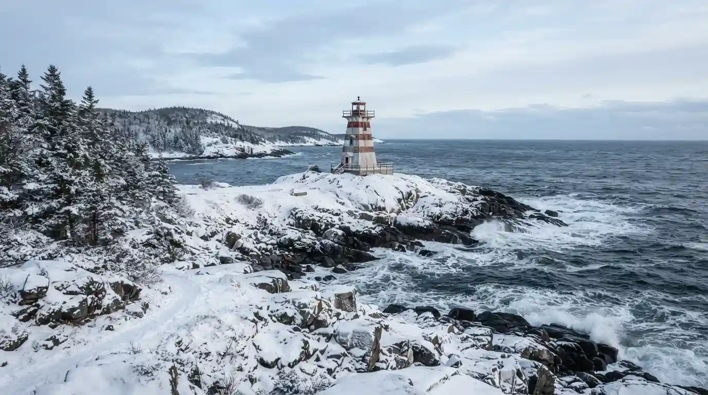 Snow-covered Nova Scotia coastline with a lighthouse beside the Atlantic Ocean in winter