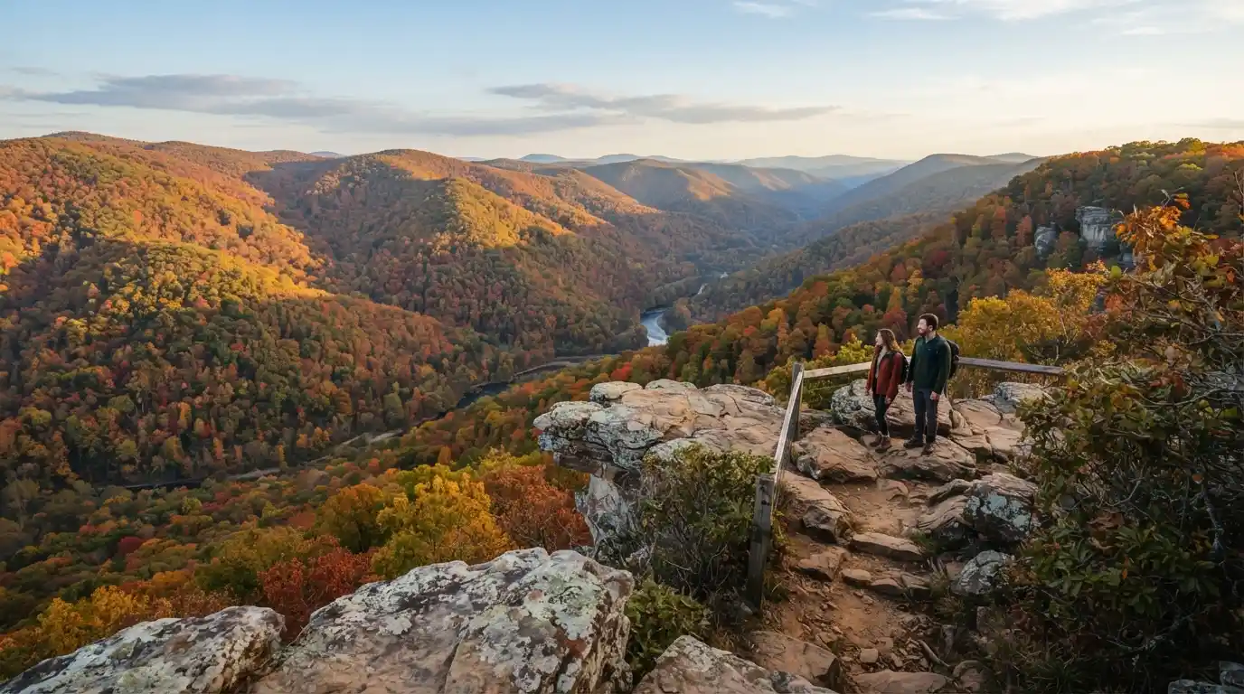 Autumn-covered Appalachian mountains and river gorge in West Virginia