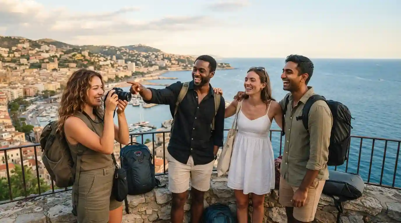 Friends enjoying a scenic international travel destination together