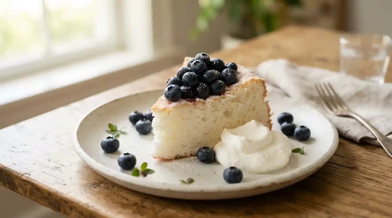 Slice of airy angel food cake topped with fresh blueberries and whipped cream