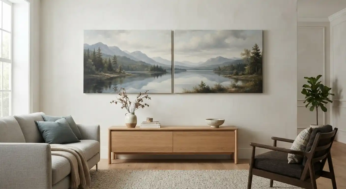 Two-panel canvas landscape painting showing a continuous mountain and lake scene in a modern interior