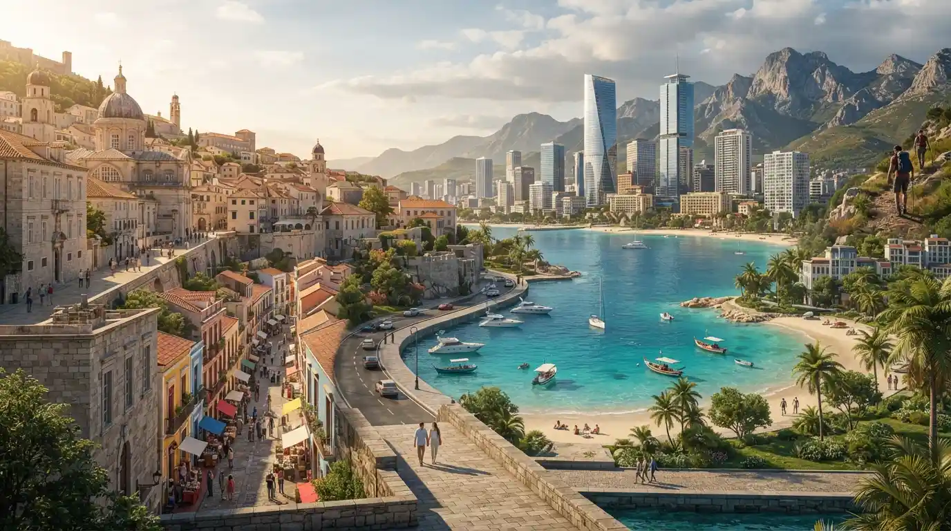 Global travel scene featuring iconic city architecture, tropical coastline, mountains, and scenic destinations