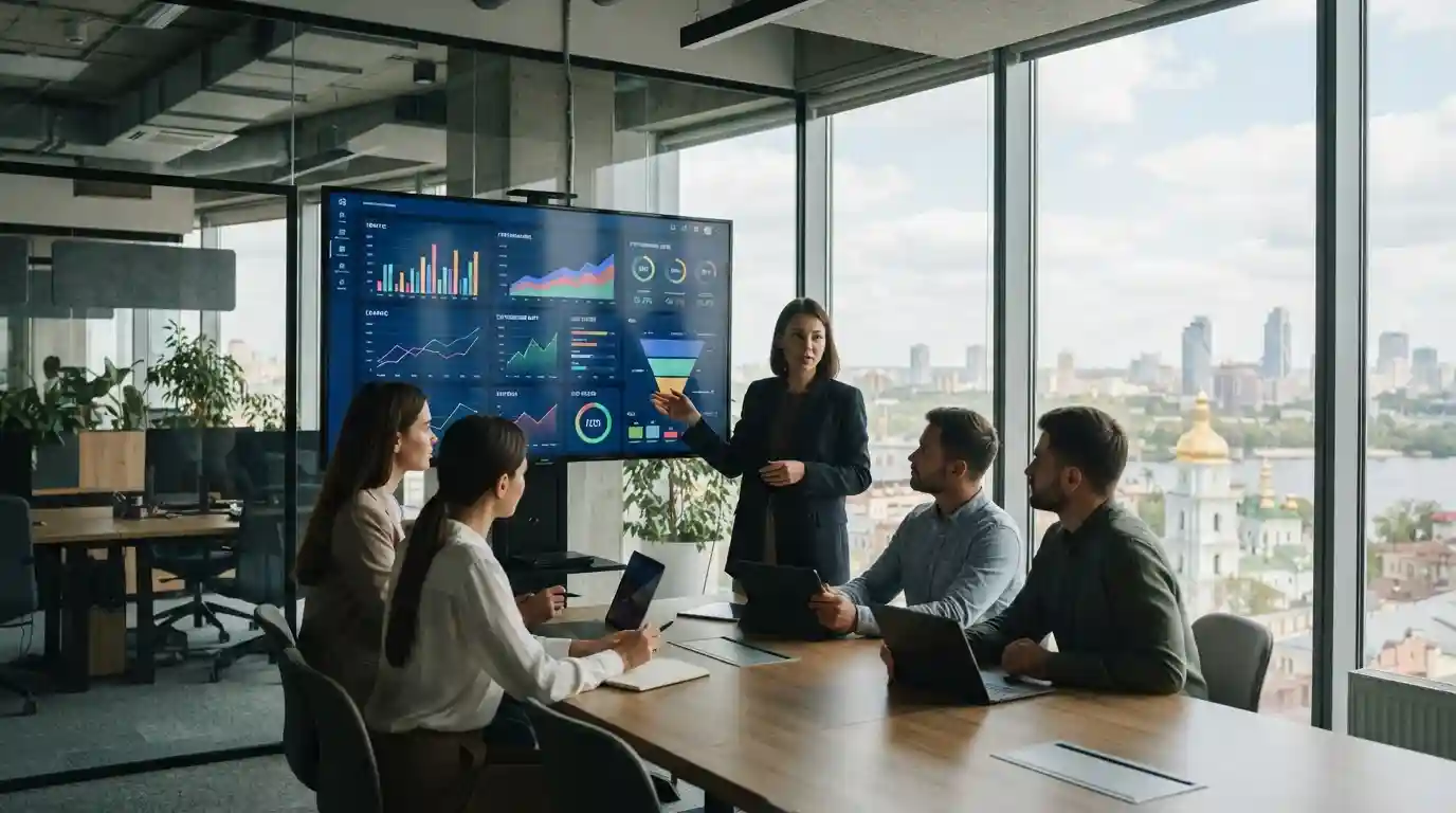 Marketing team analyzing digital performance dashboards in a Kyiv business setting