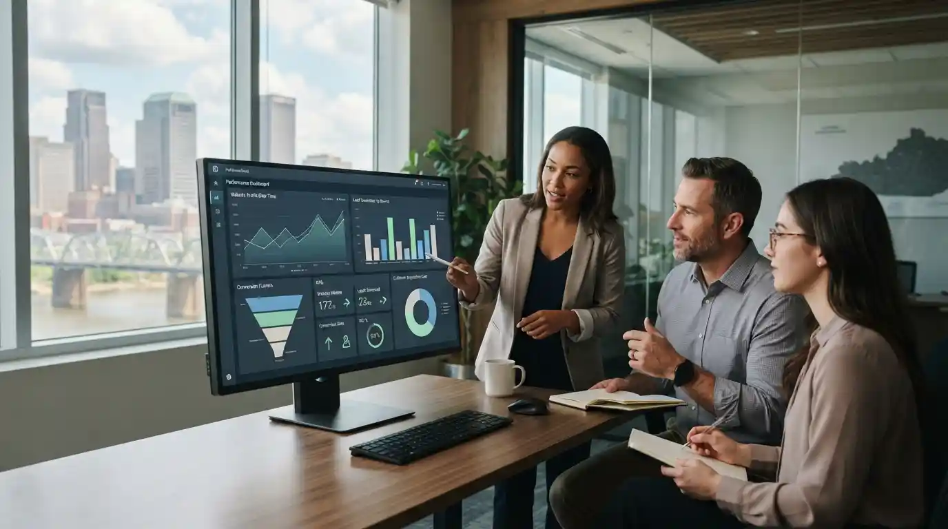 Marketing professionals reviewing digital performance metrics for a Louisville business