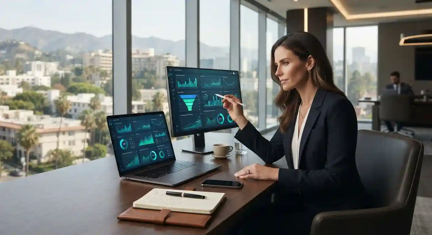 Executive reviewing digital marketing analytics in a Beverly Hills office