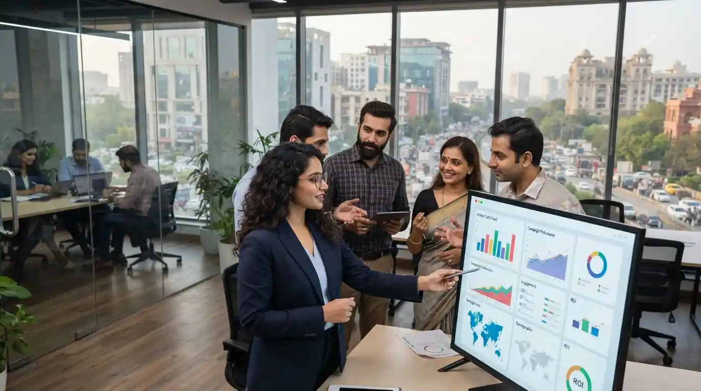 Indian business professionals analyzing digital marketing performance in a modern Delhi office