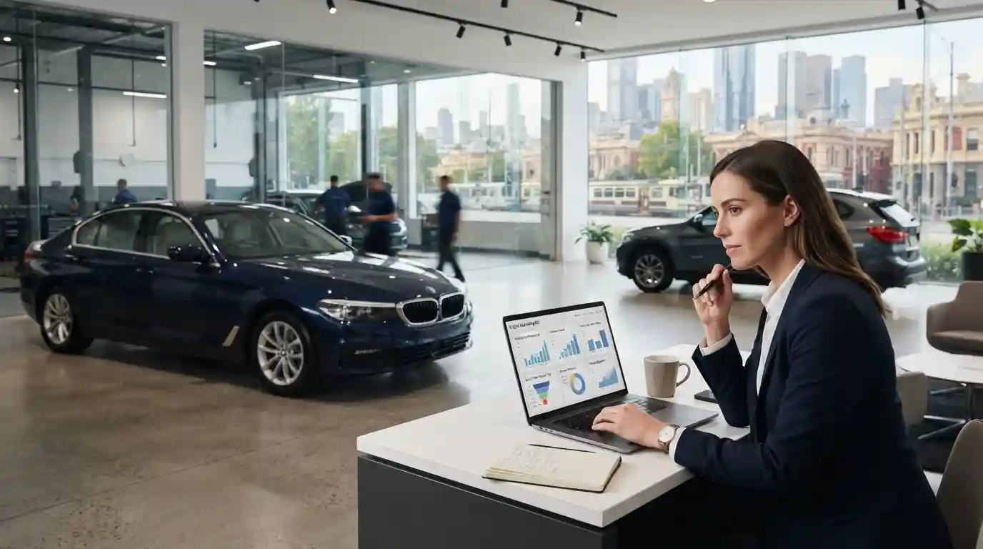 Automotive business professional reviewing digital marketing performance beside vehicles in a modern showroom