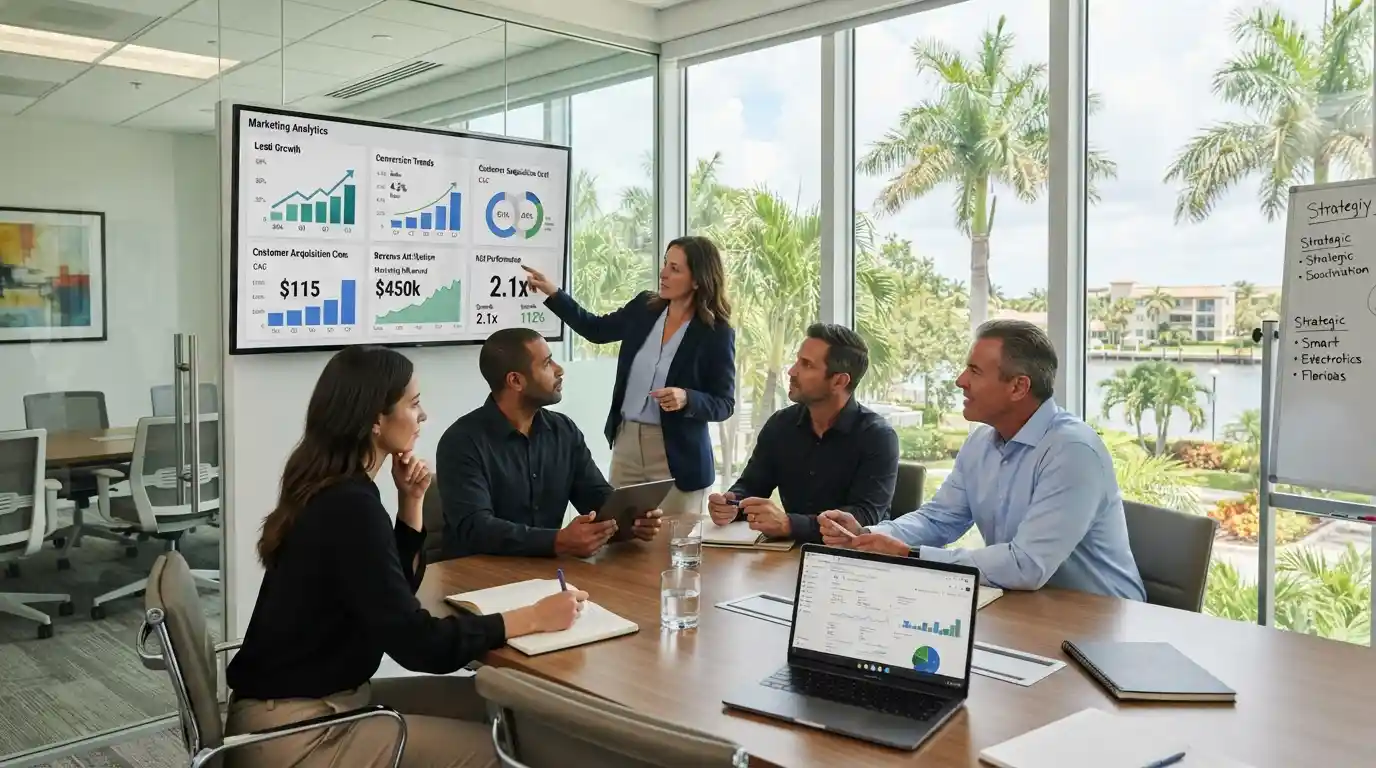 Business services professionals reviewing digital marketing ROI analytics in a modern Boynton Beach office