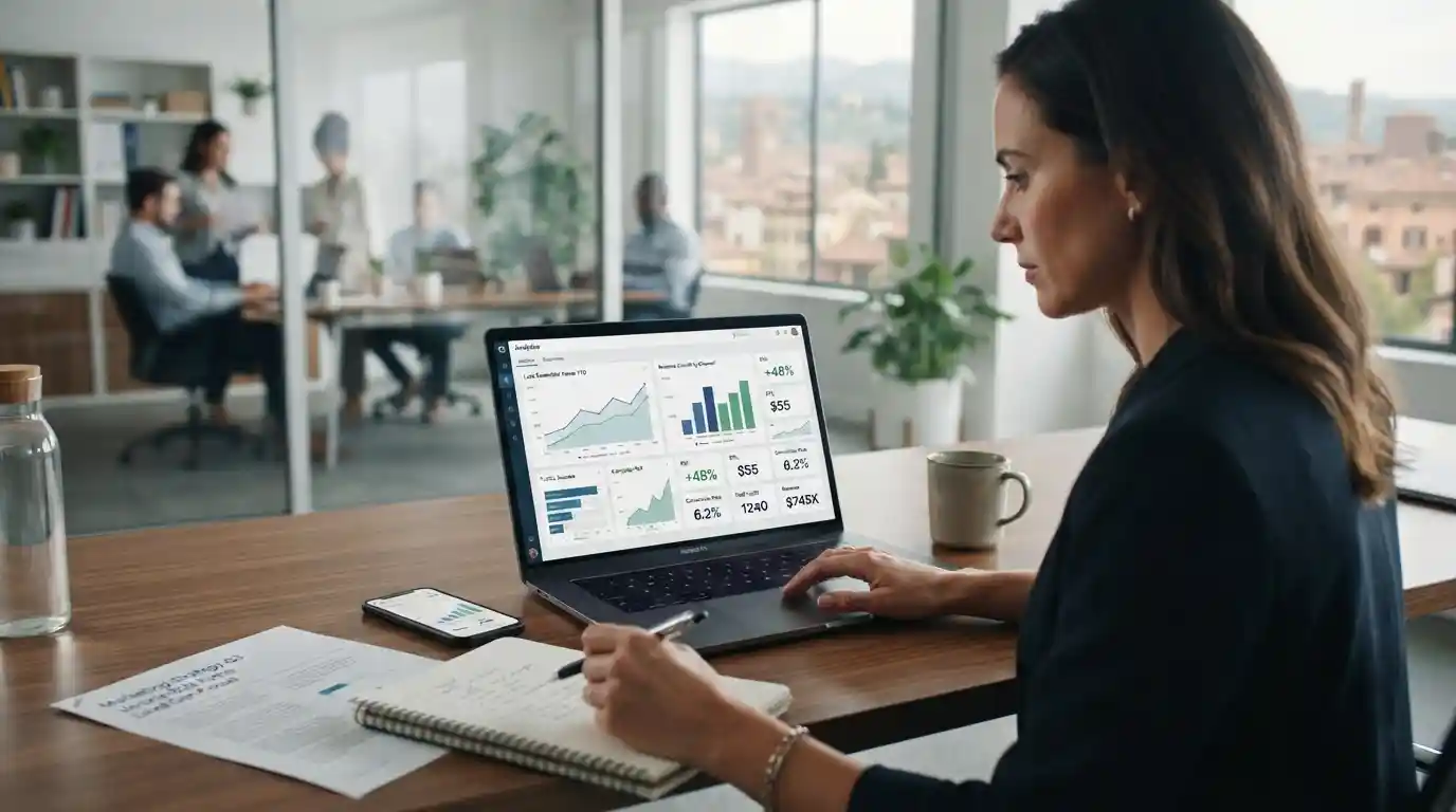 Business professional reviewing digital marketing ROI analytics and revenue metrics on a laptop