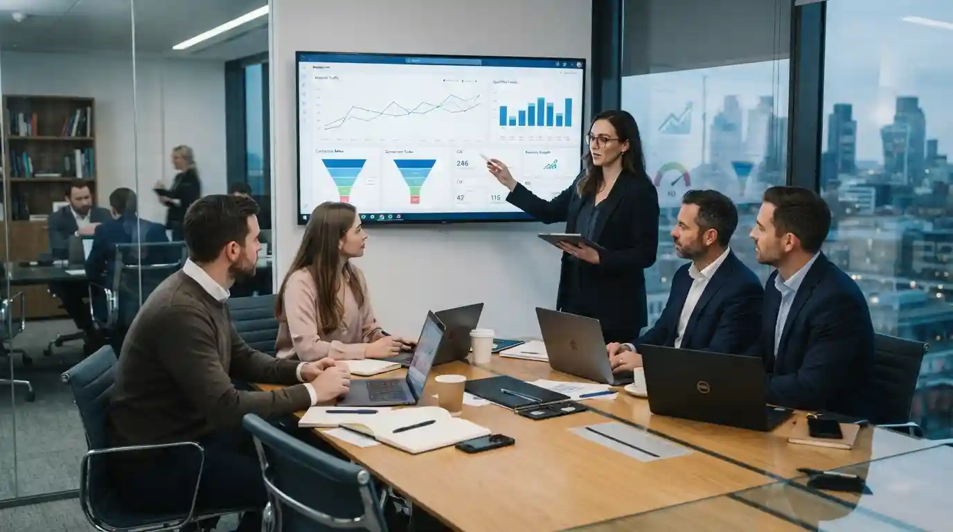 Business services marketing team reviewing digital marketing performance and ROI analytics