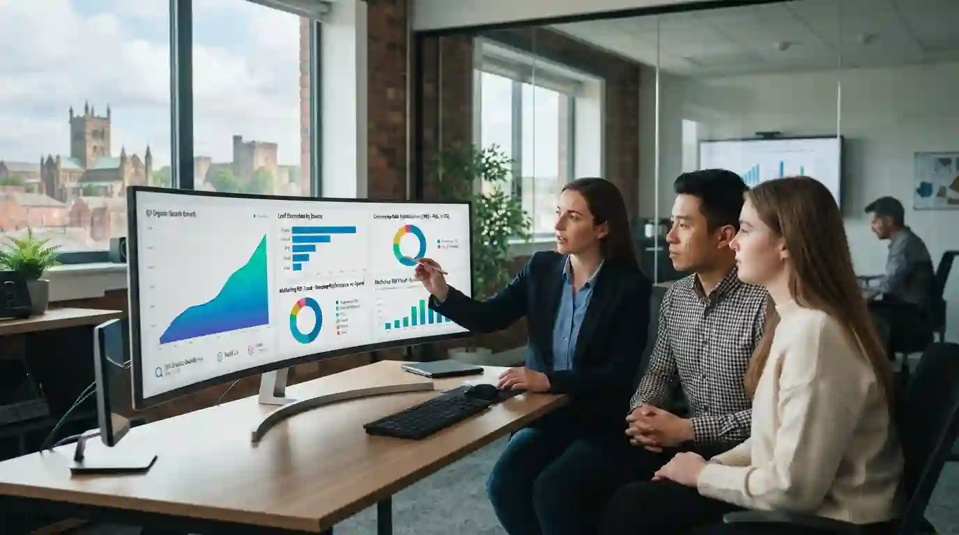 IT professionals reviewing digital marketing performance and revenue analytics in a modern Carlisle office