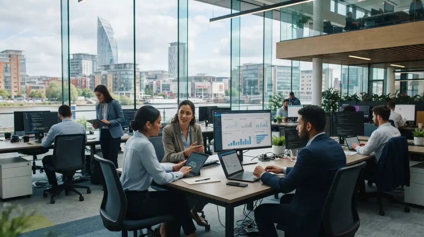 Technology professionals using digital marketing analytics in a modern Reading business environment