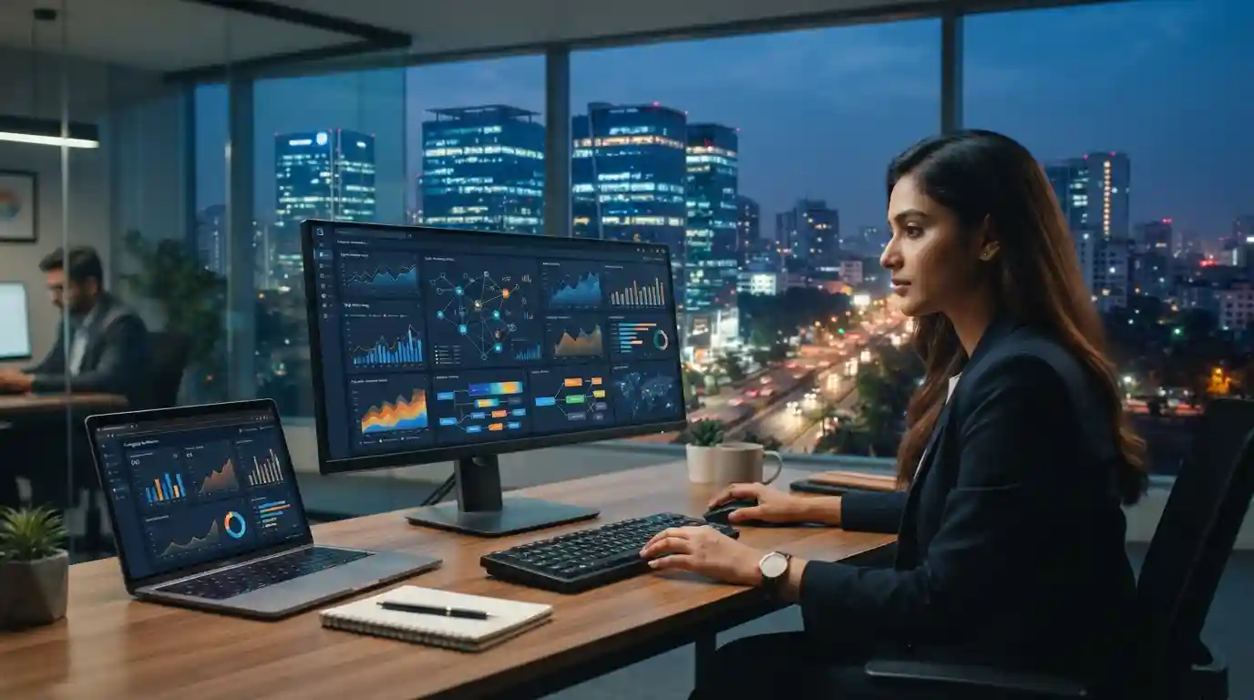 Modern Dhaka technology workspace showing digital marketing analytics and connected business technology