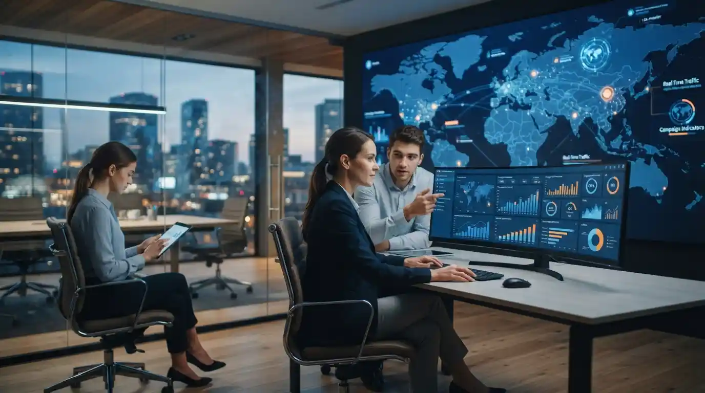 Marketing professionals analyzing global digital advertising data on modern screens