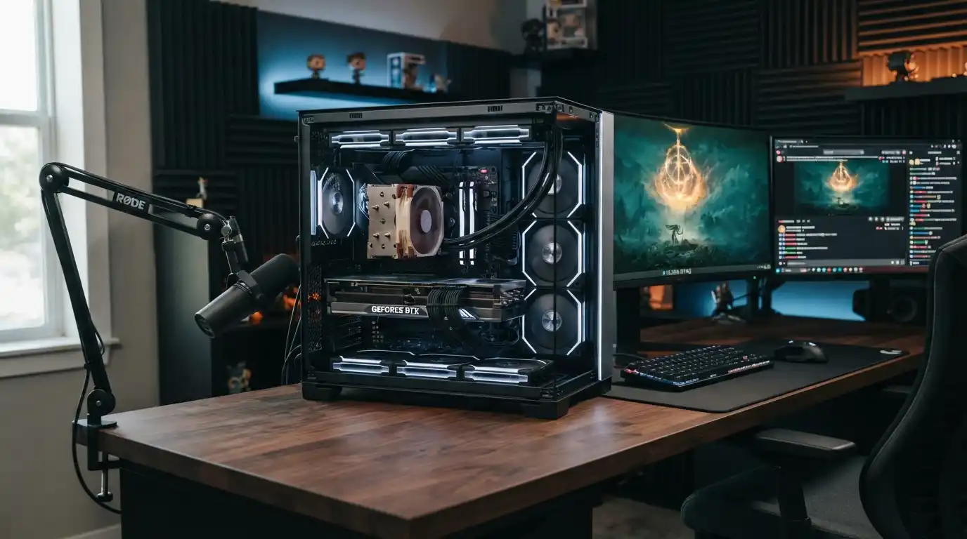 Custom gaming and streaming PC setup with visible hardware, monitor, microphone, keyboard, and mouse