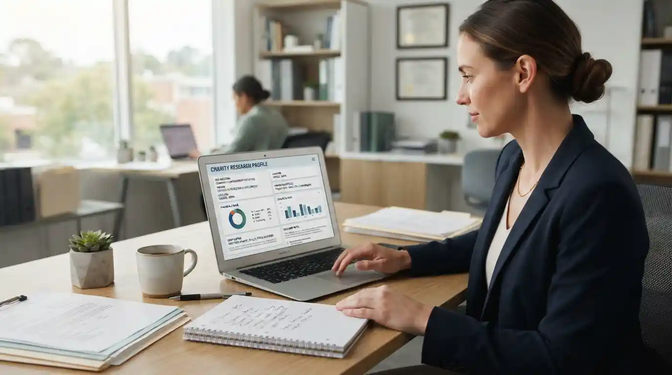 Person reviewing nonprofit charity information and financial details on a laptop