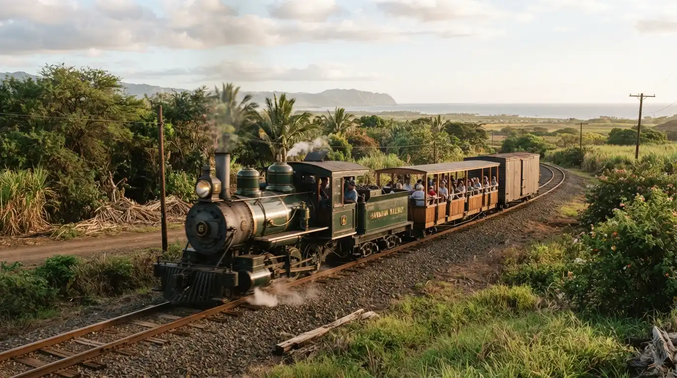 Historic railway locomotive traveling along preserved railroad tracks in Oahu, Hawaii