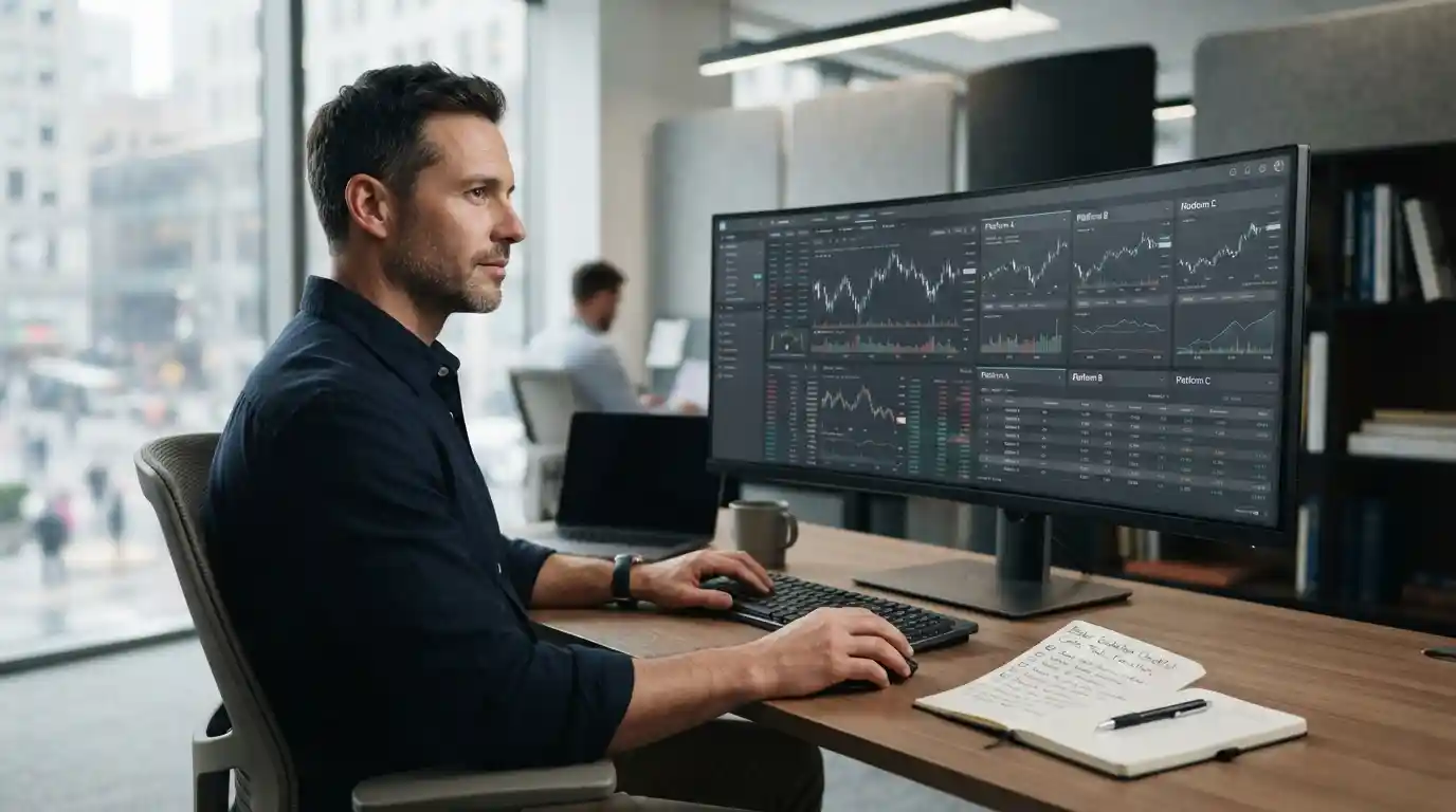 Trader comparing brokerage platforms and market information on multiple computer screens