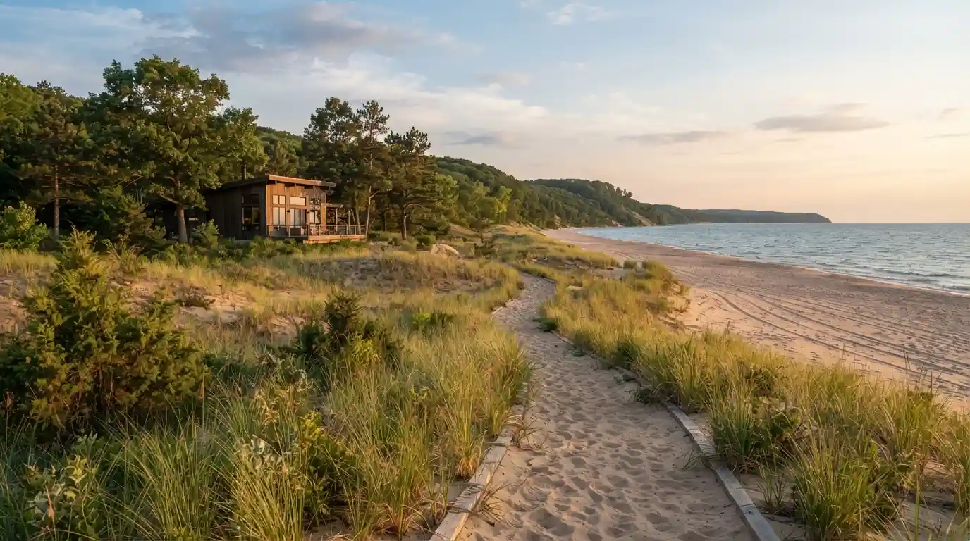 Lake Michigan shoreline and sandy dunes near Indiana Dunes National Park with nearby lodging