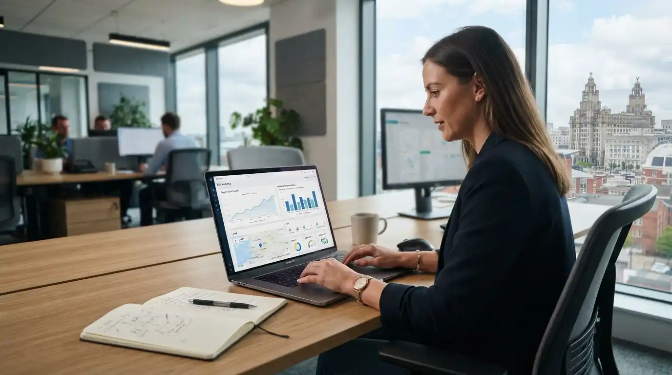 Professional business workspace showing SEO analytics and Liverpool city views