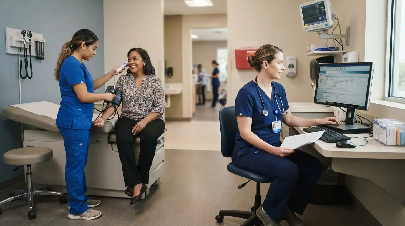 Medical assistant and registered nurse working together in a modern healthcare clinic