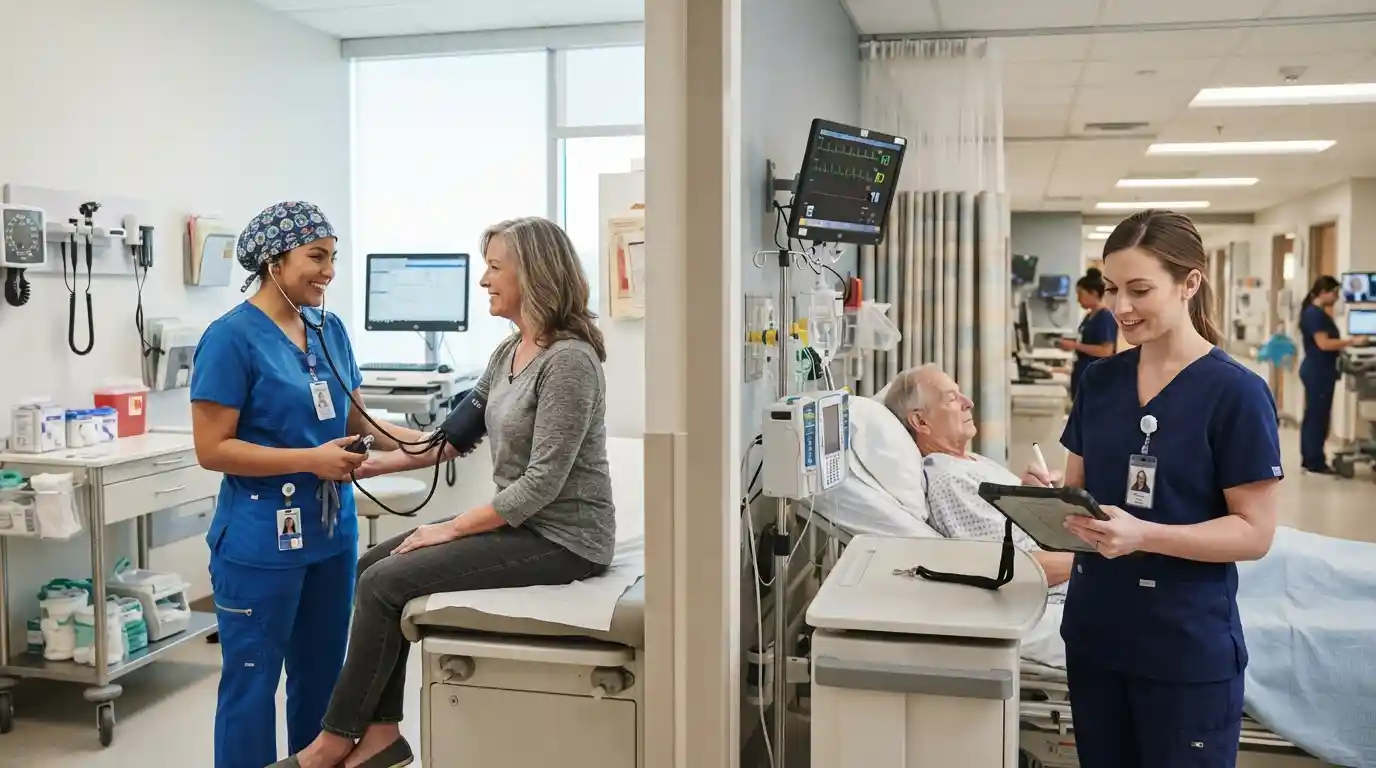 Medical assistant and nurse working in professional healthcare environments