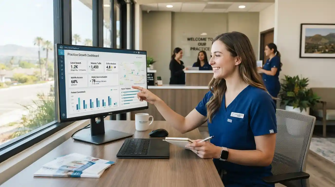 Healthcare professional reviewing digital marketing analytics in a modern medical practice