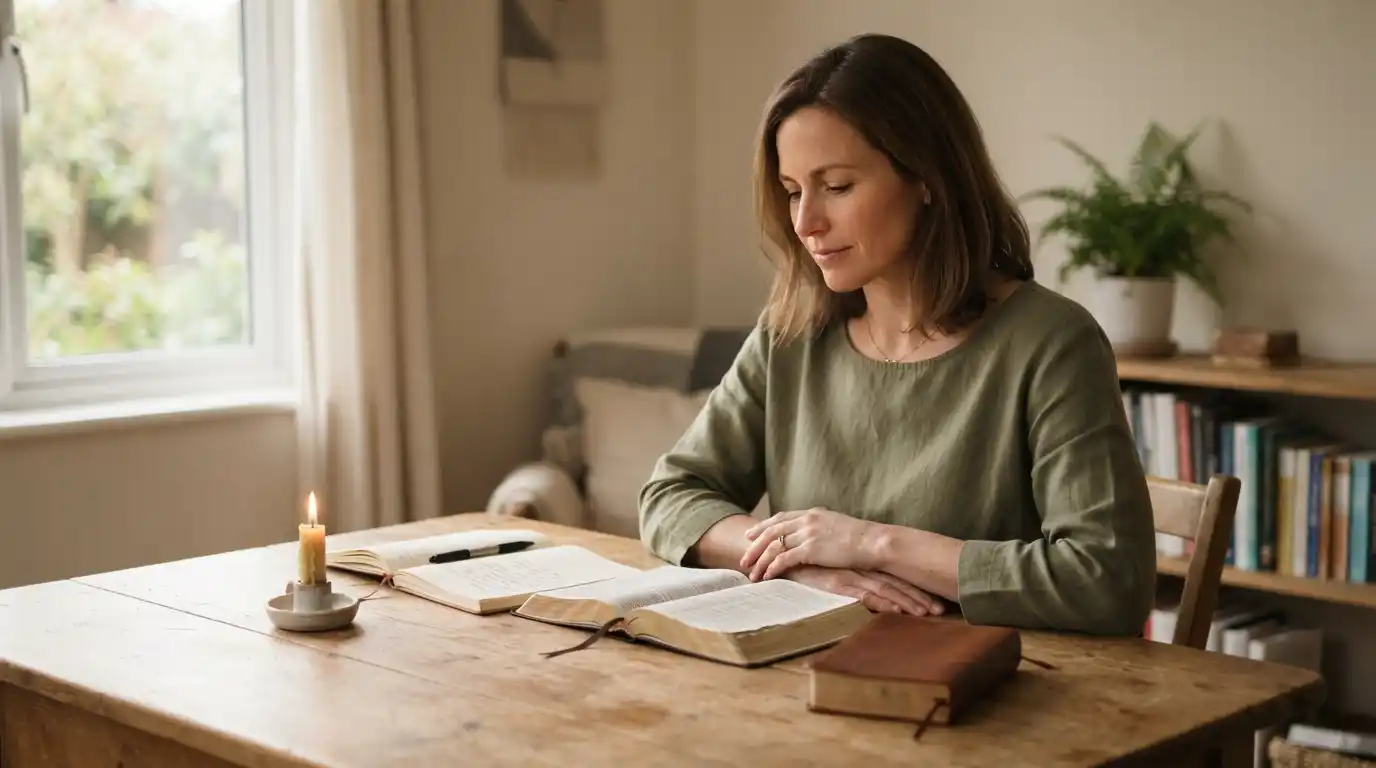A person quietly praying beside a Bible, journal, and candle in a peaceful home setting.