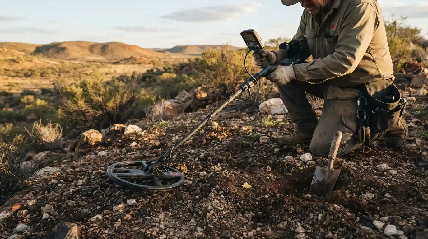 Modern metal detector searching mineral-rich ground for gold during an outdoor prospecting session