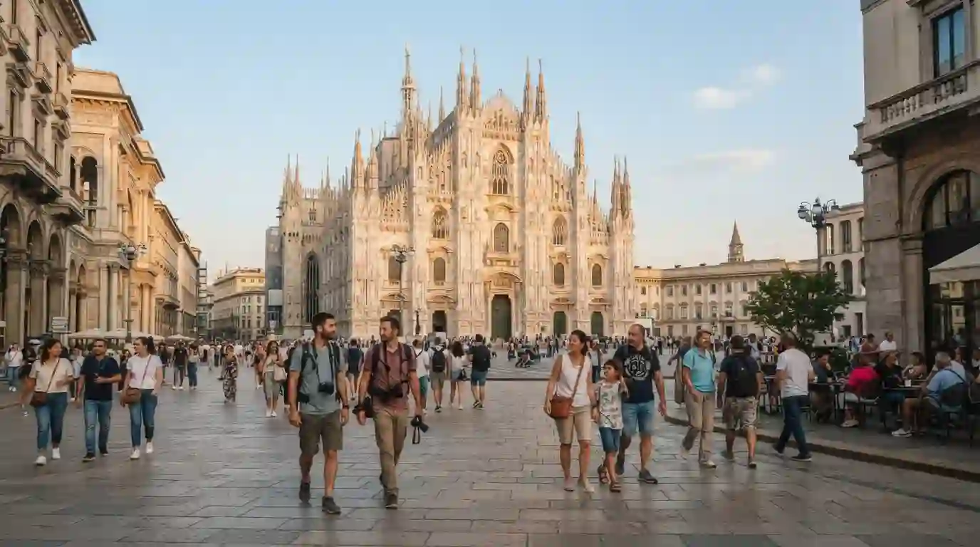 Travelers exploring a historic city square with a famous landmark in the background