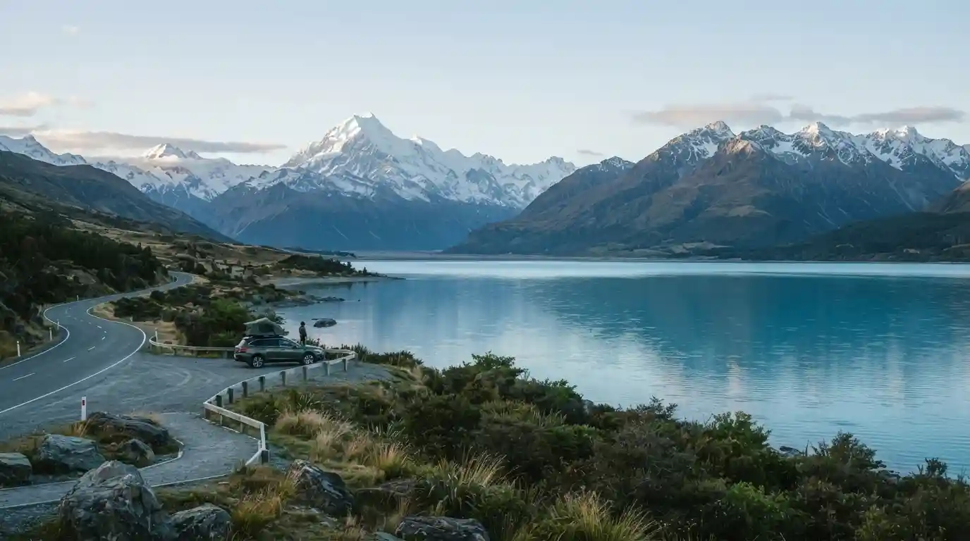 Snow-capped New Zealand mountains overlooking a turquoise alpine lake and lush landscape