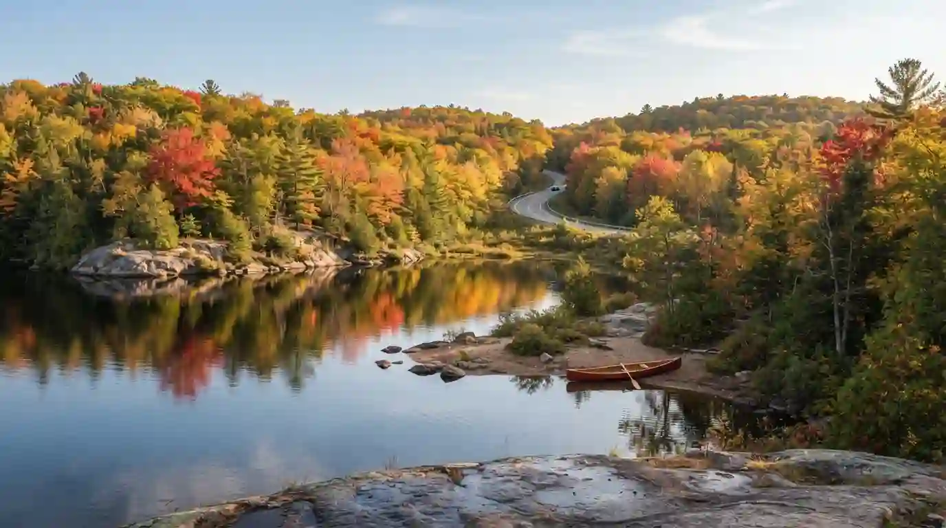 Colorful Ontario forest surrounding a calm lake during the fall season