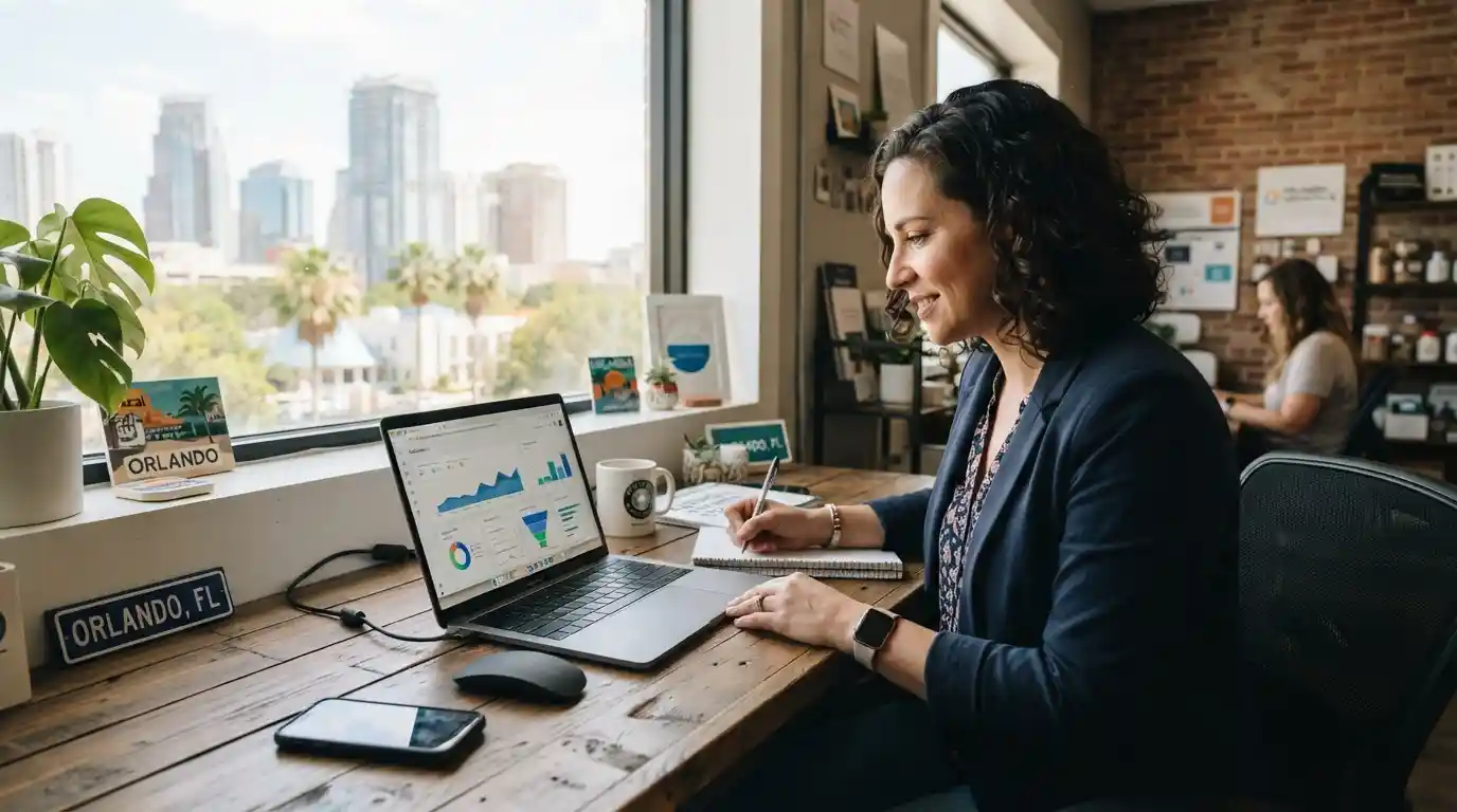 Small business owner in Orlando reviewing digital marketing analytics on a laptop