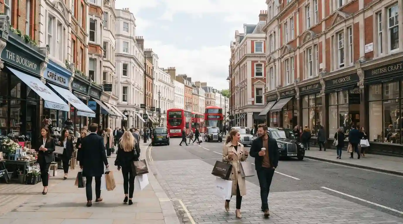 Busy London shopping street with retail storefronts and pedestrians carrying shopping bags