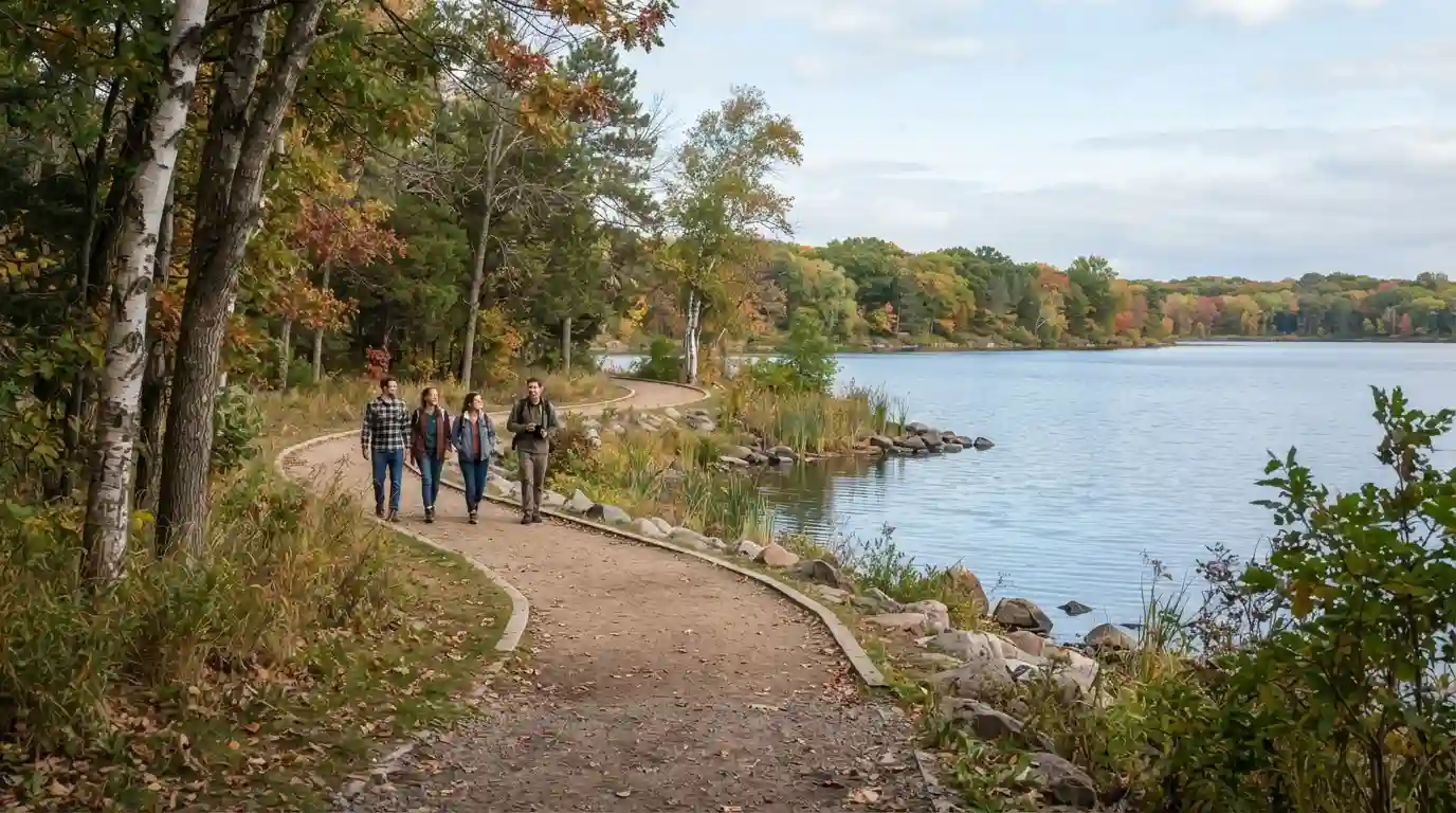 Visitors walking along a scenic Minnesota lakeshore trail surrounded by trees